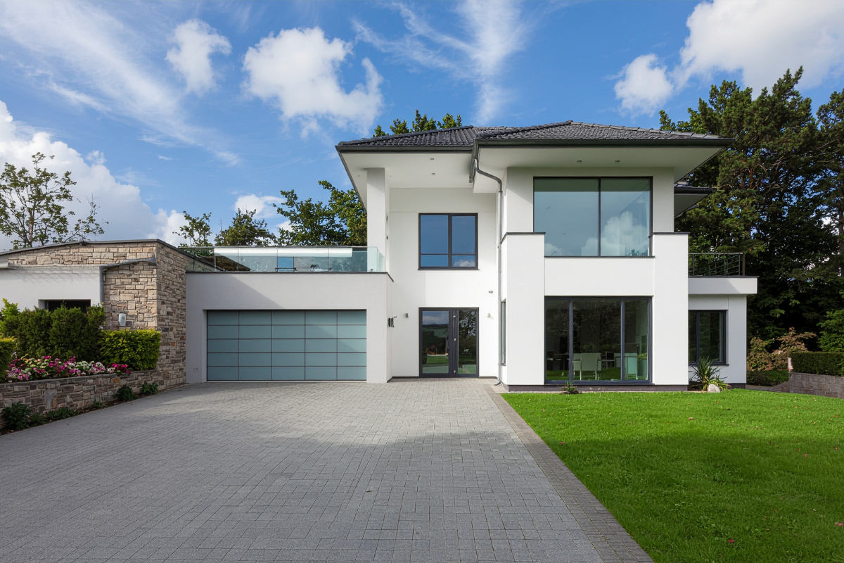 Modern home exterior at dusk